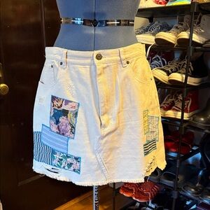 BDG Patchwork Denim Skirt with Frayed Hem